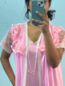 Pink satin lace nighy/ robe set