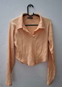 Peach Ribbed Polo Crop Top