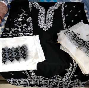 Semi Stitched Black Embroidered Suit