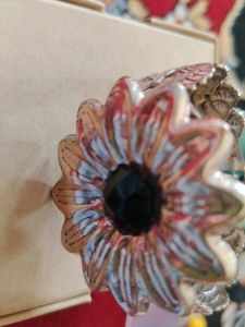 Black Stone Studded Flower Oxidised Hand Bracelet