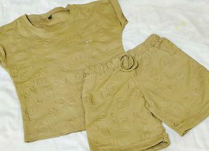 Letter Print Tee & Shorts Set For Girls 8-10 Years