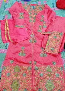 Embroidered Kurta Set With Open Sherwani Pattern