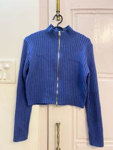 8Seconds Blue Double Way Zip-Up Ribbed Knit Cardig