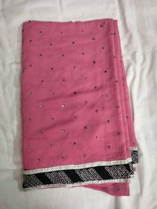 Pink Saree with Silver &amp; Black Border