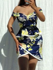 Blue Off Shoulder Floral Bodycon