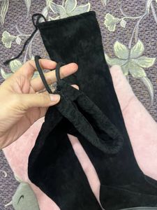 Black Suede Thigh High Flat Boots