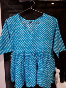 Blue & White Lehariya Jaipuri Angrakha Kurti