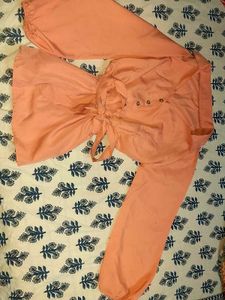 Peach Tie-Waist Blouse &amp; Pants Set