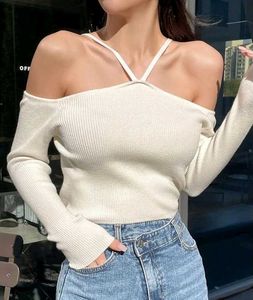 White Off-Shoulder Ribbed Long Sleeve Top