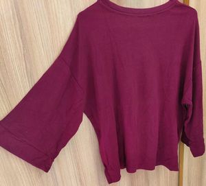 BERSHKA Burgundy Drop-Shoulder Top