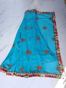 Elegant Cyan Art Silk Saree with Floral Embroidery