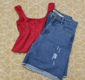 top and denim shorts°•~