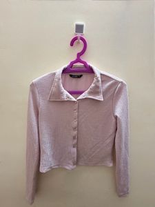 Baby Pink Shimmery Ribbed Button-Down Crop Top