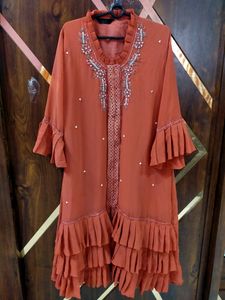 New Coral Pink Work Georgette kurti pan