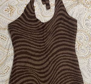 Brown Zebra Knit Halter Mini Dress
