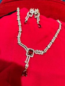 American Diamond Red &amp; Silver Jewelry Set NewWdtag