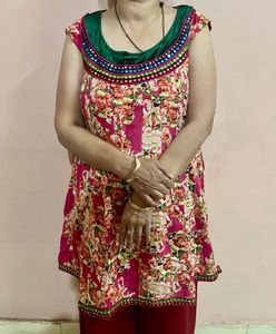 Pink Floral Tunic - Green Mirror Work - Size L