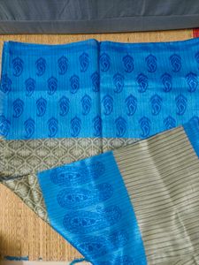 Blue &amp; Grey Patterned Saree