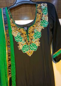 Black &amp; Green Embroidered Suit And Dupatta