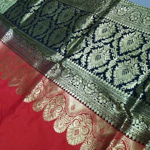 Elegant Orange &amp; Gold Banarasi Silk Satin Saree