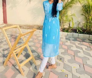 Blue Chikankari Kurti With Lining