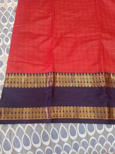 Brand New Soft Silk Saree Red Body And Blue Zari Border All Over Checks With Blouse Pc