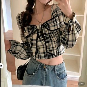 New with tag Pinterest Korean Plaid Bow Crop Top