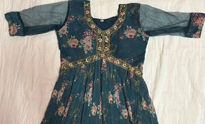 Sea Blue Floral Print Ethnic Gown