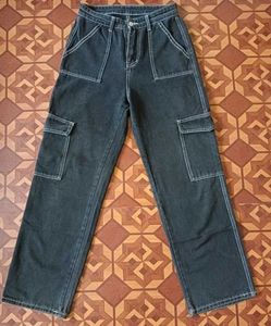 Contrast Stitch Wide Leg Cargo Jeans
