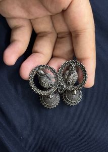 Oxidises Bird Carved Jhumkas