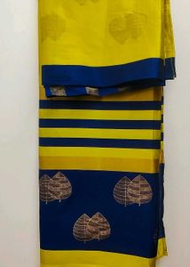 Yellow & Blue Leaf Print Saree