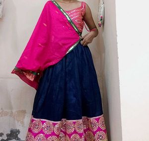 Navy &amp; Pink Embellished Lehenga Skirt