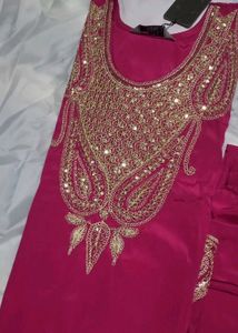 Pink Embroidered Kaftan Kurta Set made of natural
