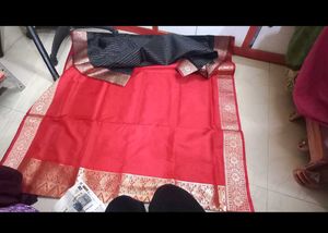 Elegant Black &amp; Red Silk Saree