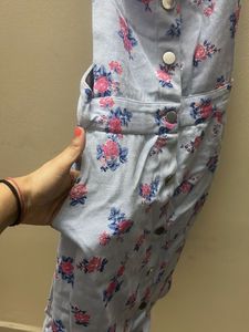 Floral Denim Overalls Dress