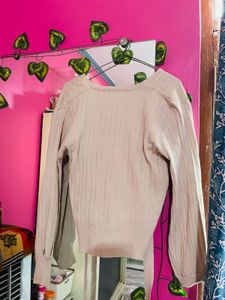 Beige Ribbed Wrap Knit Sweater