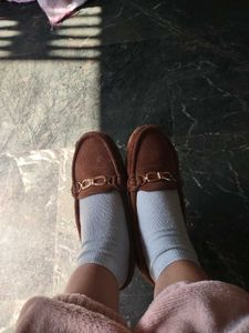 Brown Suede Loafers with Gold Chain