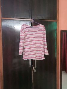 Pink Striped V-Neck Long Sleeve Top