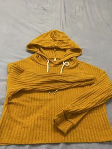 Mustard Ribbed Knit Cropped Hoodie