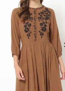 Embroidered Brown Midi Dress