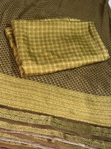 Brown+olive &amp; Gold Patterned Saree