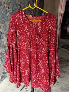 Red Print Bell Sleeve Dress