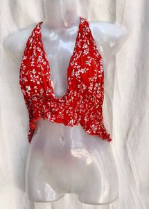 4151. Red Floral Halter Crop Top