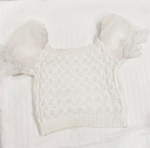 White Knit Top with Sheer Puff Sleeves