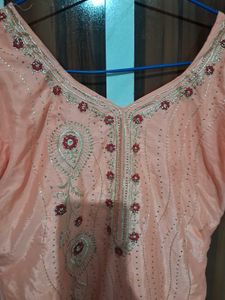 Peach Embroidered Kurti With Plajo Chudri