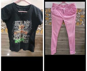 Set Of Black T-shirt & Pink Skinny Fit Pant