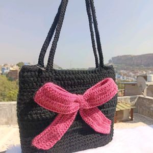 Handmade Black Crochet Tote Bag with Pink Bow❤️