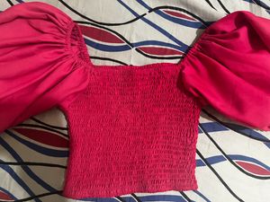 Hot Pink Puff Sleeve Crop Top