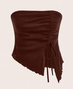 Brown Drawstring Strapless Asymmetrical Tube Top