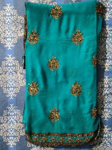 Teal &amp; Gold Embellished Saree